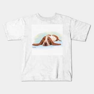 Cute Brown and White Basset Hound Sleeping on the Floor Kids T-Shirt